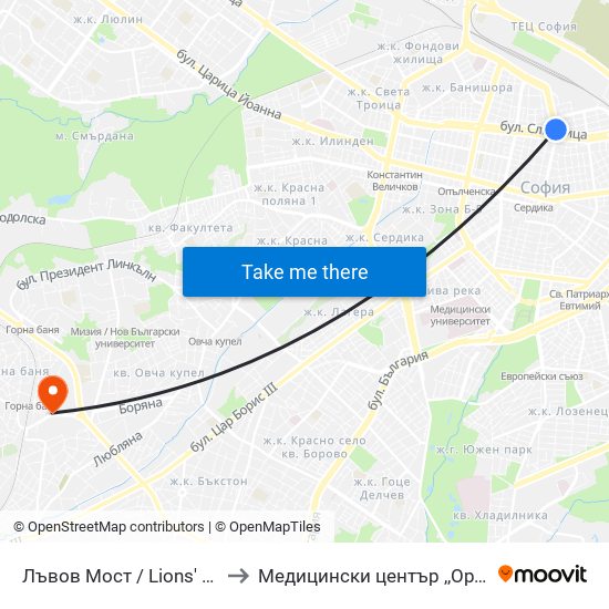 Лъвов Мост / Lions' Bridge to Медицински център ,,Ортомед'' map