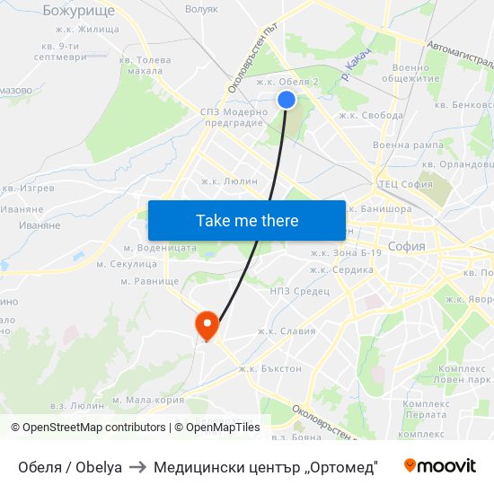 Обеля / Obelya to Медицински център ,,Ортомед'' map