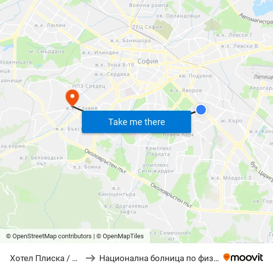 Хотел Плиска / Pliska Hotel (2326) to Национална болница по физиотерапия и рехабилитация map