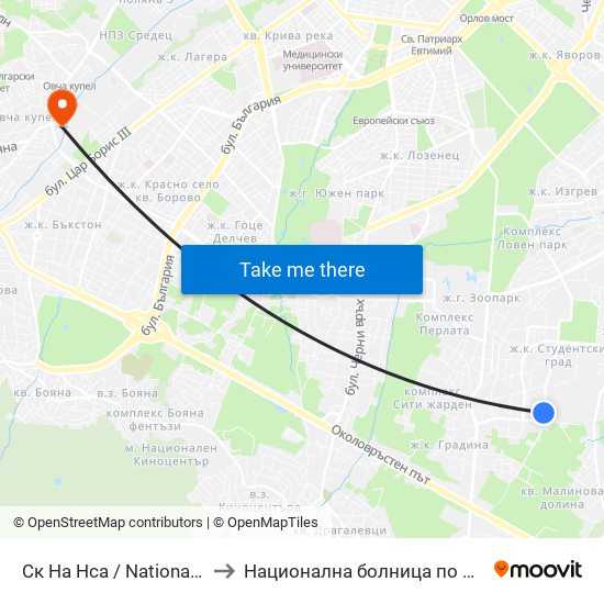 Ск На Нса / National Sports Academy (1609) to Национална болница по физиотерапия и рехабилитация map