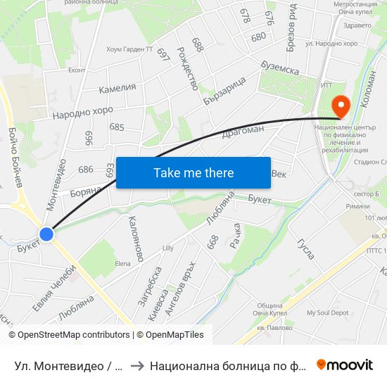 Ул. Монтевидео / Montevideo St. (2050) to Национална болница по физиотерапия и рехабилитация map