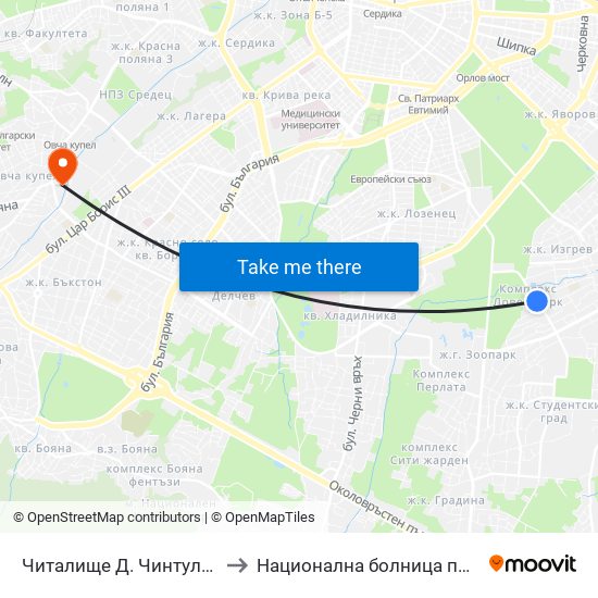Читалище Д. Чинтулов / D. Chintulov Library (2366) to Национална болница по физиотерапия и рехабилитация map