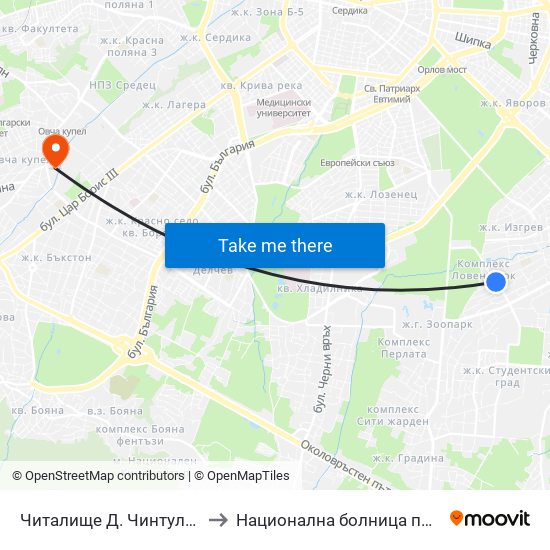 Читалище Д. Чинтулов / D. Chintulov Library (2365) to Национална болница по физиотерапия и рехабилитация map