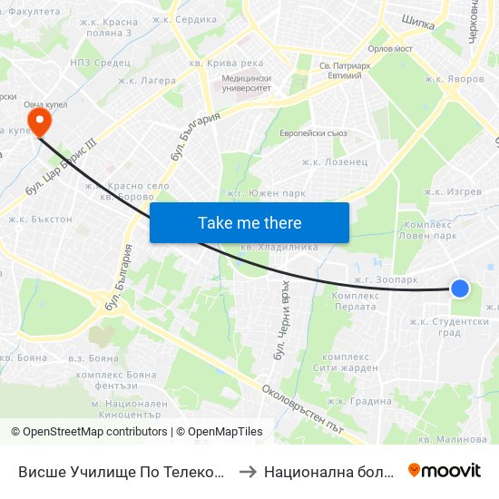 Висше Училище По Телекомуникации / University Of Telecommunications And Post (1396) to Национална болница по физиотерапия и рехабилитация map