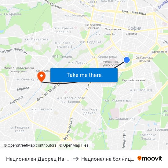 Ⓜ️ Национален Дворец На Културата / National Palace Of Culture (1134) to Национална болница по физиотерапия и рехабилитация map