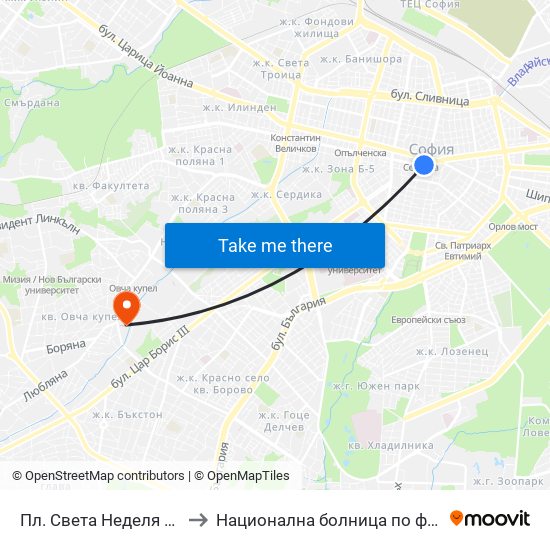 Пл. Света Неделя / St. Nedelya Sq. (1308) to Национална болница по физиотерапия и рехабилитация map