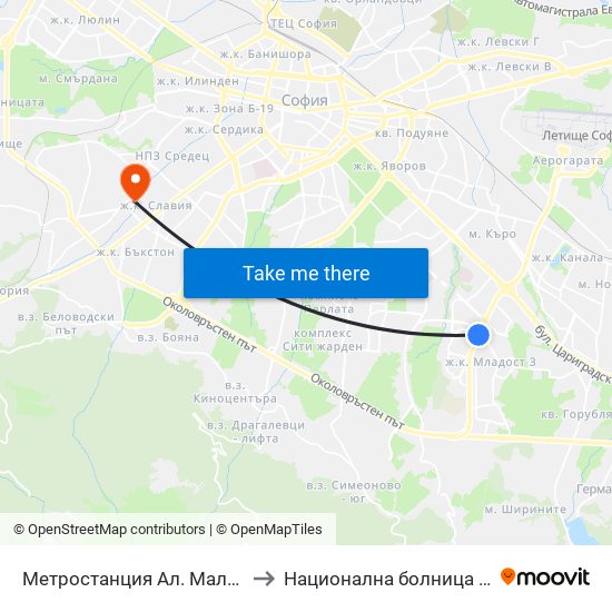 Метростанция Ал. Малинов / Al. Malinov Metro Station (0169) to Национална болница по физиотерапия и рехабилитация map