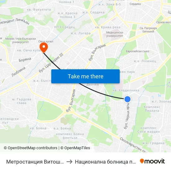 Ⓜ️ Метростанция Витоша / Vitosha Metro Station (2756) to Национална болница по физиотерапия и рехабилитация map
