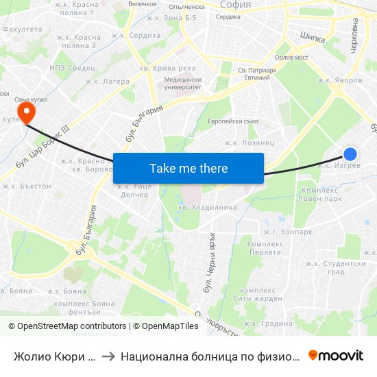 Жолио Кюри / Joliot-Curie to Национална болница по физиотерапия и рехабилитация map