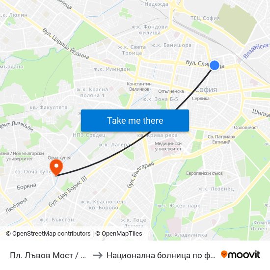 Пл. Лъвов Мост / Lions' Bridge Sq. (1275) to Национална болница по физиотерапия и рехабилитация map