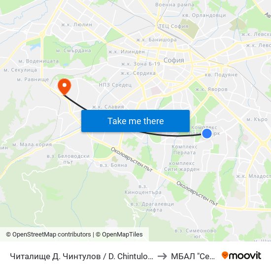 Читалище Д. Чинтулов / D. Chintulov Library (2365) to МБАЛ "Сердика" map
