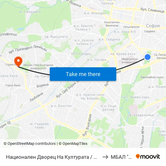 Ⓜ️ Национален Дворец На Културата / National Palace Of Culture (1139) to МБАЛ "Сердика" map