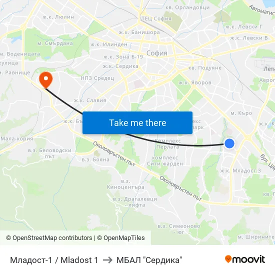 Младост 1 / Mladost 1 to МБАЛ "Сердика" map