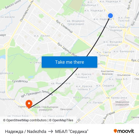 Надежда / Nadezhda to МБАЛ "Сердика" map