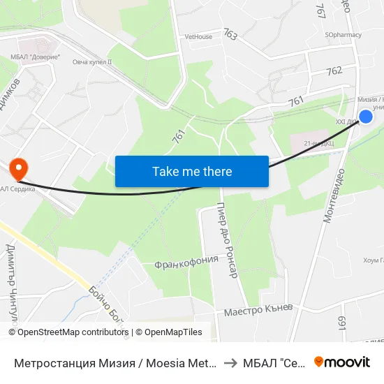 Ⓜ️ Метростанция Мизия / Moesia Metro Station (6089) to МБАЛ "Сердика" map
