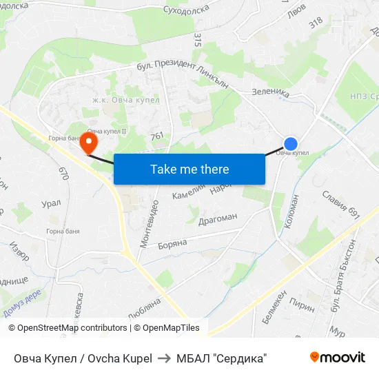 Овча Купел / Ovcha Kupel to МБАЛ "Сердика" map