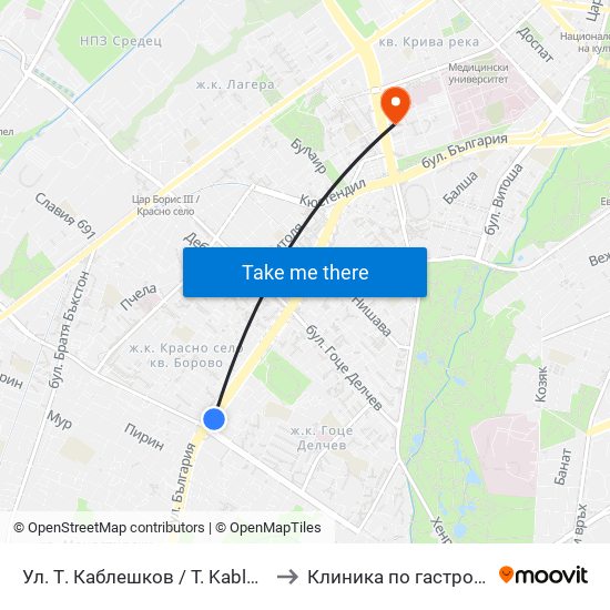 Ул. Т. Каблешков / T. Kableshkov St. (2213) to Клиника по гастроентерология map