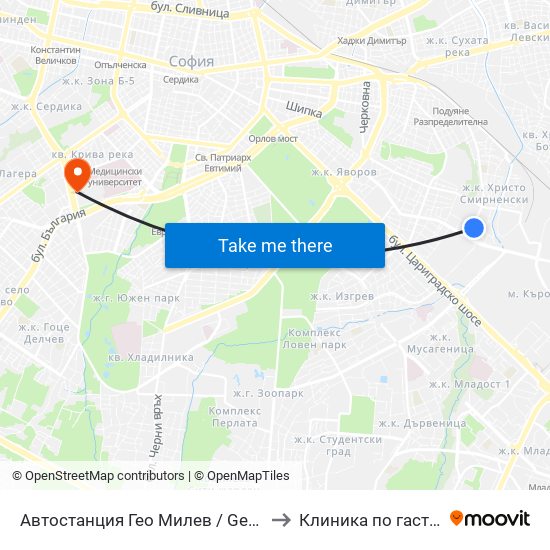 Автостанция Гео Милев / Geo Milev Bus Station (0052) to Клиника по гастроентерология map