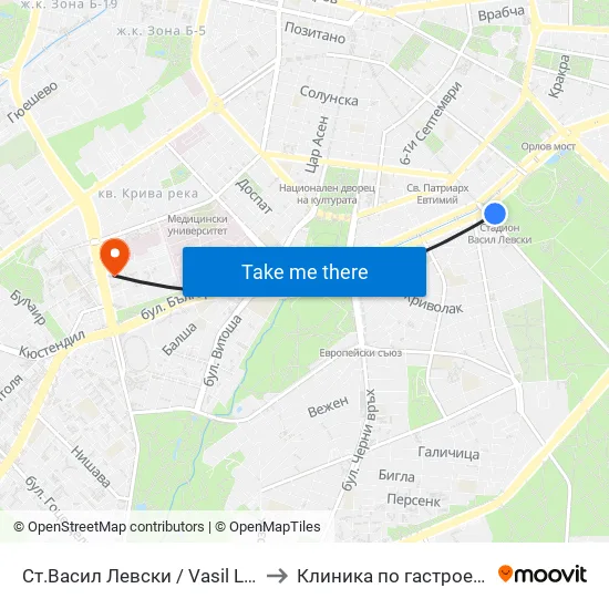 Стадион Васил Левски / Vasil Levski Stadium to Клиника по гастроентерология map