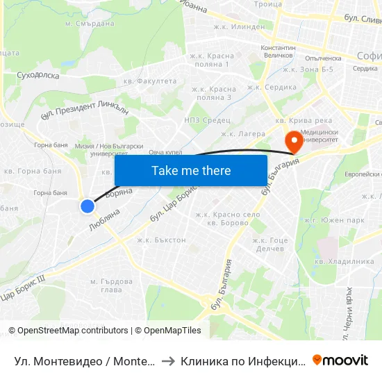 Ул. Монтевидео / Montevideo St. (2050) to Клиника по Инфекциозни Болести map