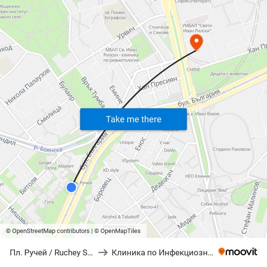 Пл. Ручей / Ruchey Sq. (1306) to Клиника по Инфекциозни Болести map