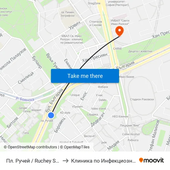 Пл. Ручей / Ruchey Sq. (1301) to Клиника по Инфекциозни Болести map