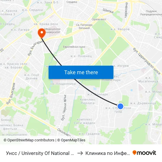 🎓 Унсс / University Of National And World Economy (1692) to Клиника по Инфекциозни Болести map