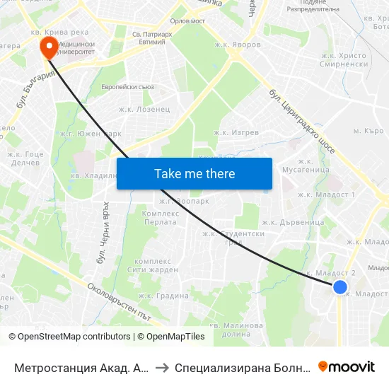 Ⓜ️ Метростанция Акад. Александър Теодоров - Балан / Akademik Aleksandar Teodorov - Balan Metro Station (1917) to Специализирана Болница за Активно Лечение по Белодробни Болести map