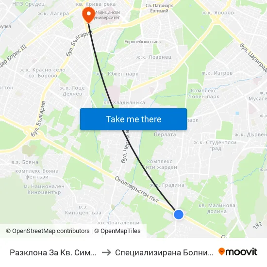 Разклона За Кв. Симеоново / Fork Road To Simeonovo Qr. (1459) to Специализирана Болница за Активно Лечение по Белодробни Болести map