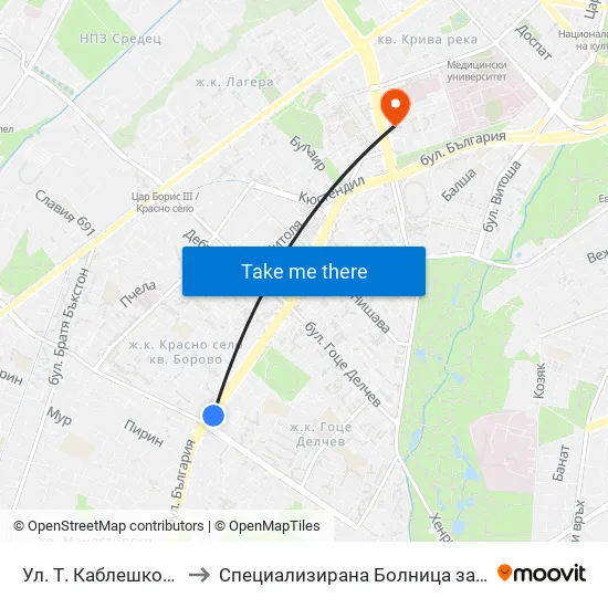 Ул. Т. Каблешков / T. Kableshkov St. (2213) to Специализирана Болница за Активно Лечение по Белодробни Болести map