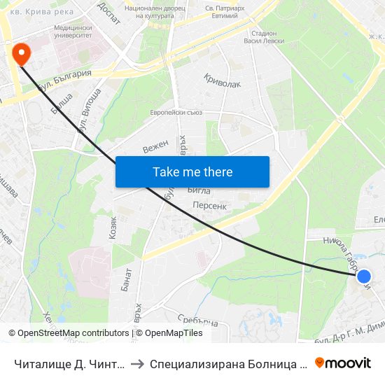 Читалище Д. Чинтулов / D. Chintulov Library (2366) to Специализирана Болница за Активно Лечение по Белодробни Болести map