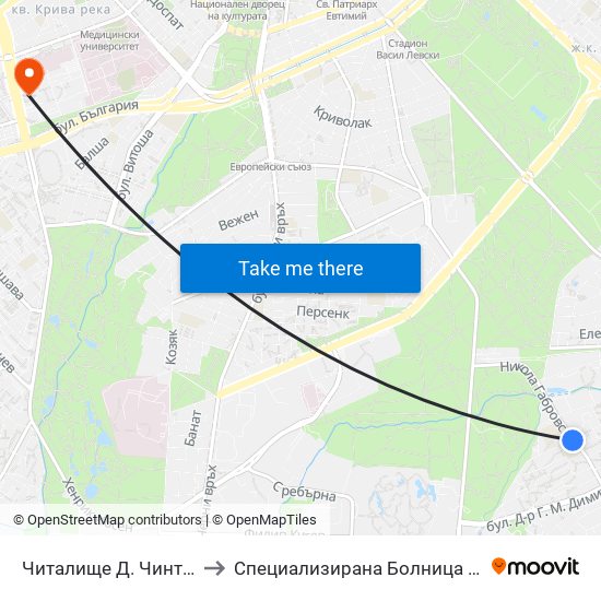 Читалище Д. Чинтулов / D. Chintulov Library (2365) to Специализирана Болница за Активно Лечение по Белодробни Болести map