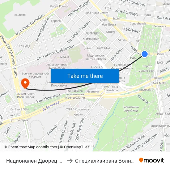 Ⓜ️ Национален Дворец На Културата / National Palace Of Culture (1139) to Специализирана Болница за Активно Лечение по Белодробни Болести map