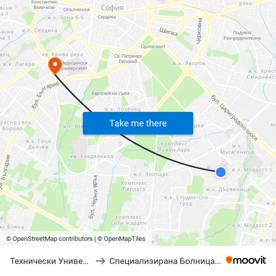 🎓🏥 Технически Университет / Technical University (1743) to Специализирана Болница за Активно Лечение по Белодробни Болести map