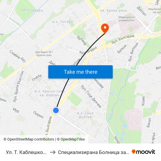 Ул. Т. Каблешков / T. Kableshkov St. (2211) to Специализирана Болница за Активно Лечение по Белодробни Болести map