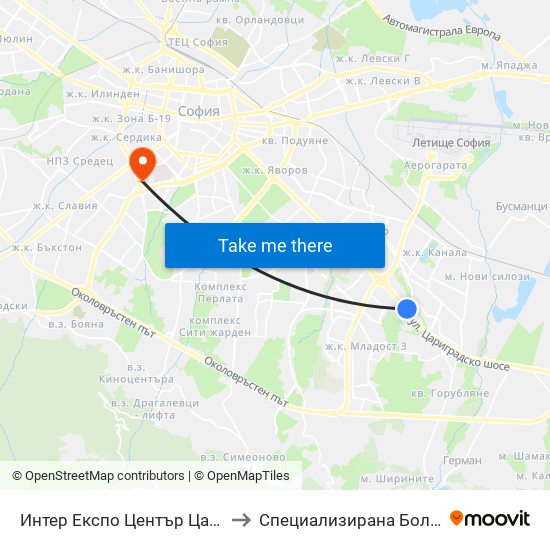Интер Експо Център Цариградско Шосе / Inter Expo Center – Tsarigradsko Shose to Специализирана Болница за Активно Лечение по Белодробни Болести map