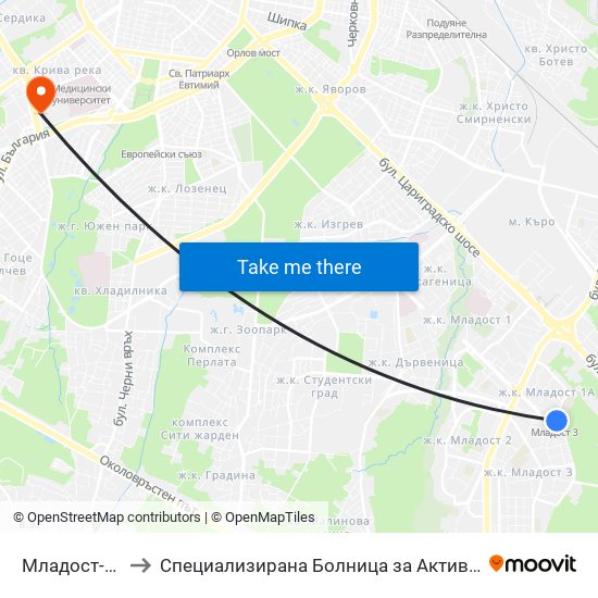 Младост-3 / Mladost 3 to Специализирана Болница за Активно Лечение по Белодробни Болести map