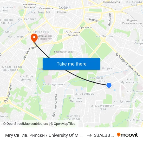 🎓 Минно-Геоложки Университет / University Of Mining And Geology (1033) to SBALBB Sv.Anna map