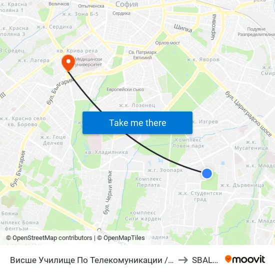 Висше Училище По Телекомуникации / University Of Telecommunications And Post (1397) to SBALBB Sv.Anna map