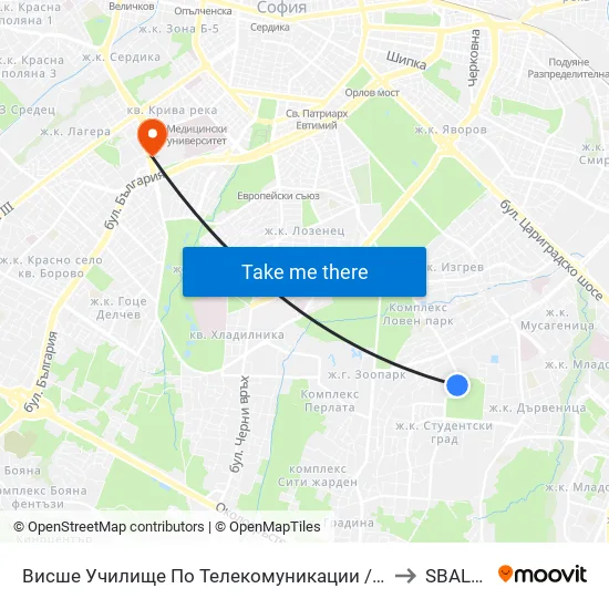 Висше Училище По Телекомуникации / University Of Telecommunications And Post (1396) to SBALBB Sv.Anna map