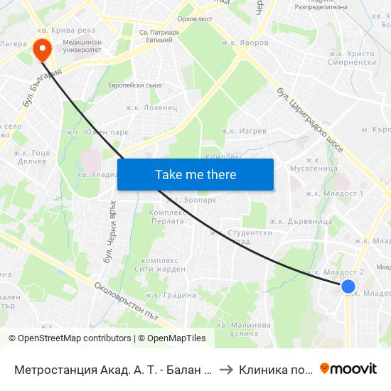 Метростанция Акад. А. Т. - Балан / Acad. A. T.-Balan Metro Station (1917) to Клиника по Ревматология map