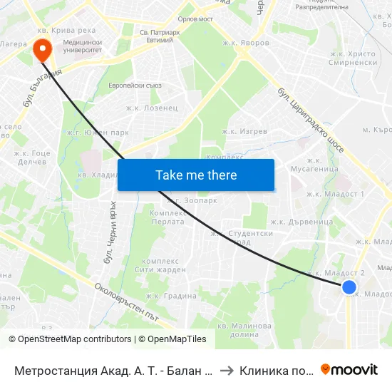 Ⓜ️ Метростанция Акад. Александър Теодоров - Балан / Akademik Aleksandar Teodorov - Balan Metro Station (1917) to Клиника по Ревматология map