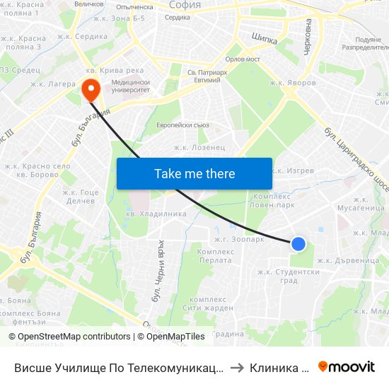 Висше Училище По Телекомуникации / University Of Telecommunications And Post (1397) to Клиника по Ревматология map