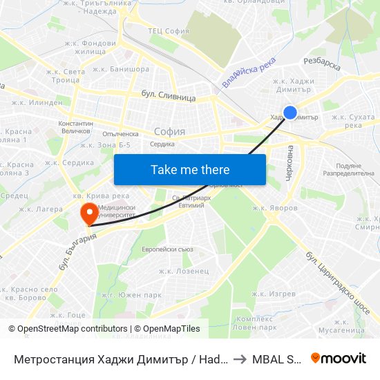 Метростанция Хаджи Димитър / Hadzhi Dimitar Metro Station (0303) to MBAL Sveta Sofia map