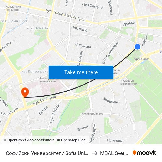 Софийски Университет / Sofia University (1700) to MBAL Sveta Sofia map