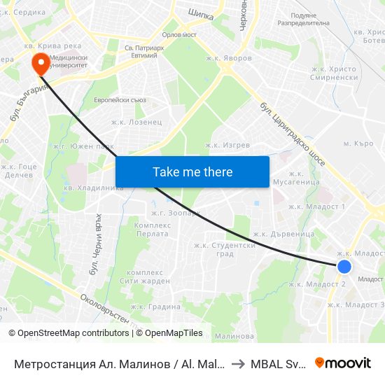 Метростанция Ал. Малинов / Al. Malinov Metro Station (0170) to MBAL Sveta Sofia map