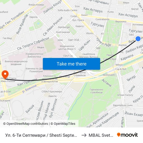 Ул. 6-Ти Септември / Shesti Septemvri St. (1806) to MBAL Sveta Sofia map