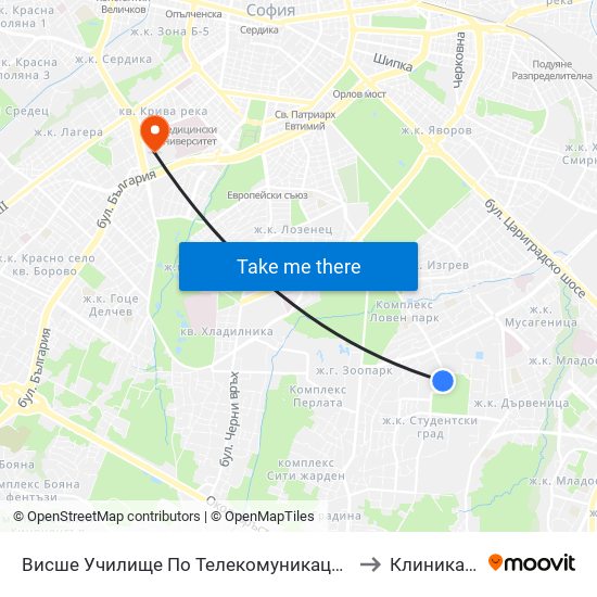 Висше Училище По Телекомуникации / University Of Telecommunications And Post (1396) to Клиника по Психиатрия map