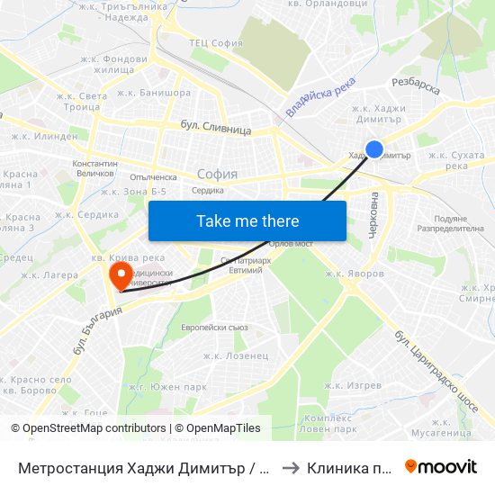 Метростанция Хаджи Димитър / Hadzhi Dimitar Metro Station (0303) to Клиника по Психиатрия map