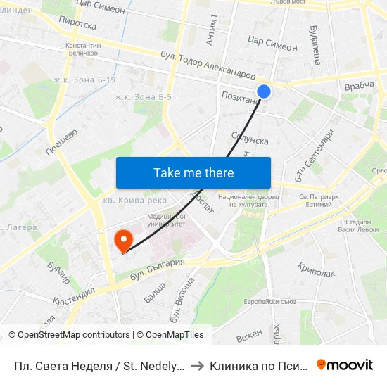 Пл. Света Неделя / St. Nedelya Sq. (1308) to Клиника по Психиатрия map